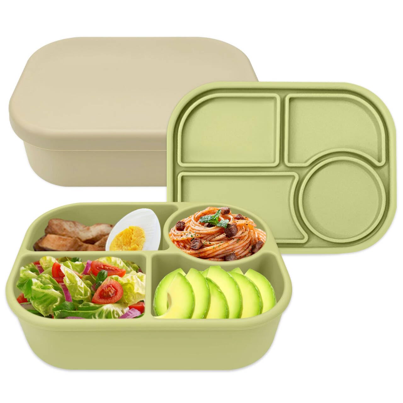 LELE LIFE Paquete de 2 cajas bento de silicona, contenedor de almuerzo hermético de 4 compartimentos, contenedores de almacenamiento de alimentos divididos de 850ml para preparación de meriendas y