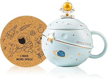Kawaii Astronaut Cup Space Embossed Planet Mug, Cute Ceramic Coffee Mug, Novelty Mug with Lid and Spoon for Coffee, Tea, Milk, Aesthetic Room Decor Funny Gift Birthday for Girl Boy Women Blue
