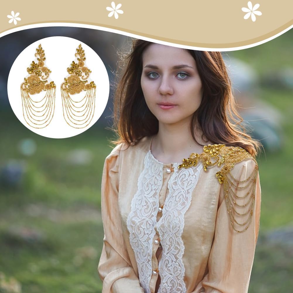 FINGERINSPIRE 1 Paar Strass-Applikation für Kleidung, goldene Schulterklappen, Schulteraufnäher, Nähen, Strass, Perlen, Quaste, Applikation für Hochzeitskleid, DIY-Zubehör