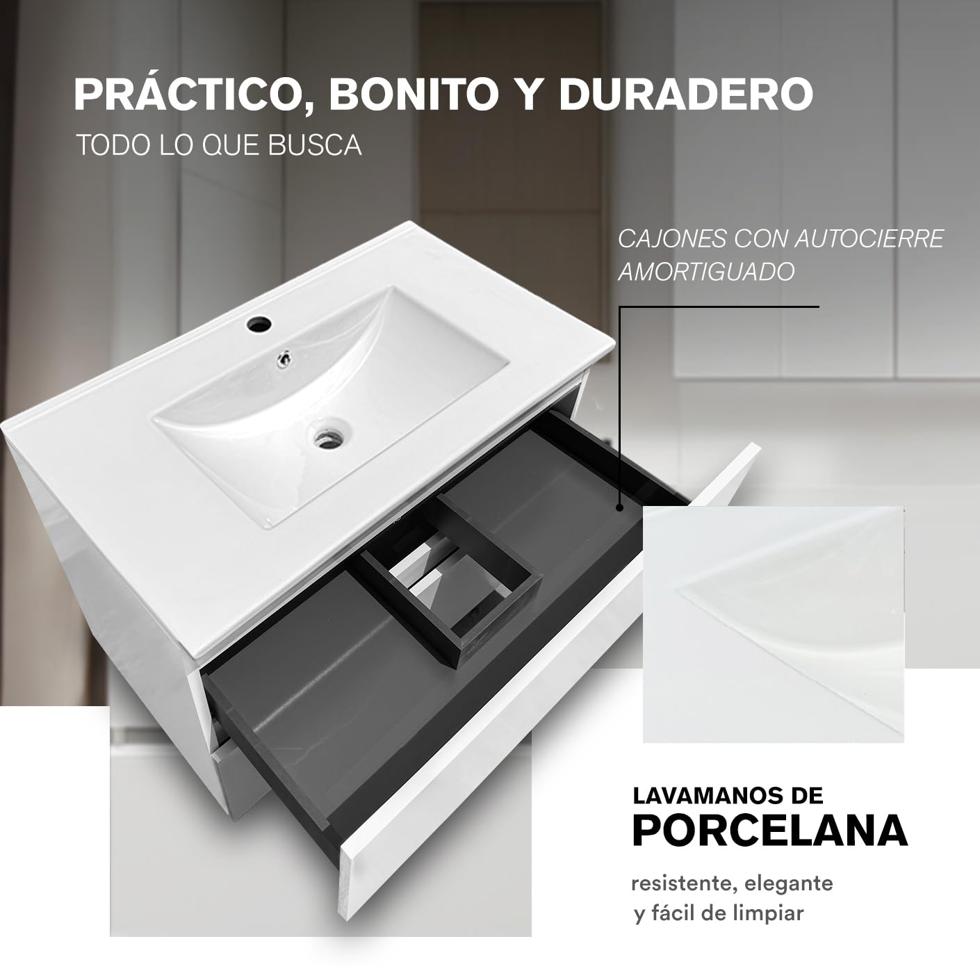 Juego Mueble 60cm Baño con Lavabo Mueble Lavabo Mueble Baño | Mueble Bajo Lavabo Compacto Preinstalado de Fábrica · Lavabo 60 cm con Pie de Porcelana · No Incluye Espejo