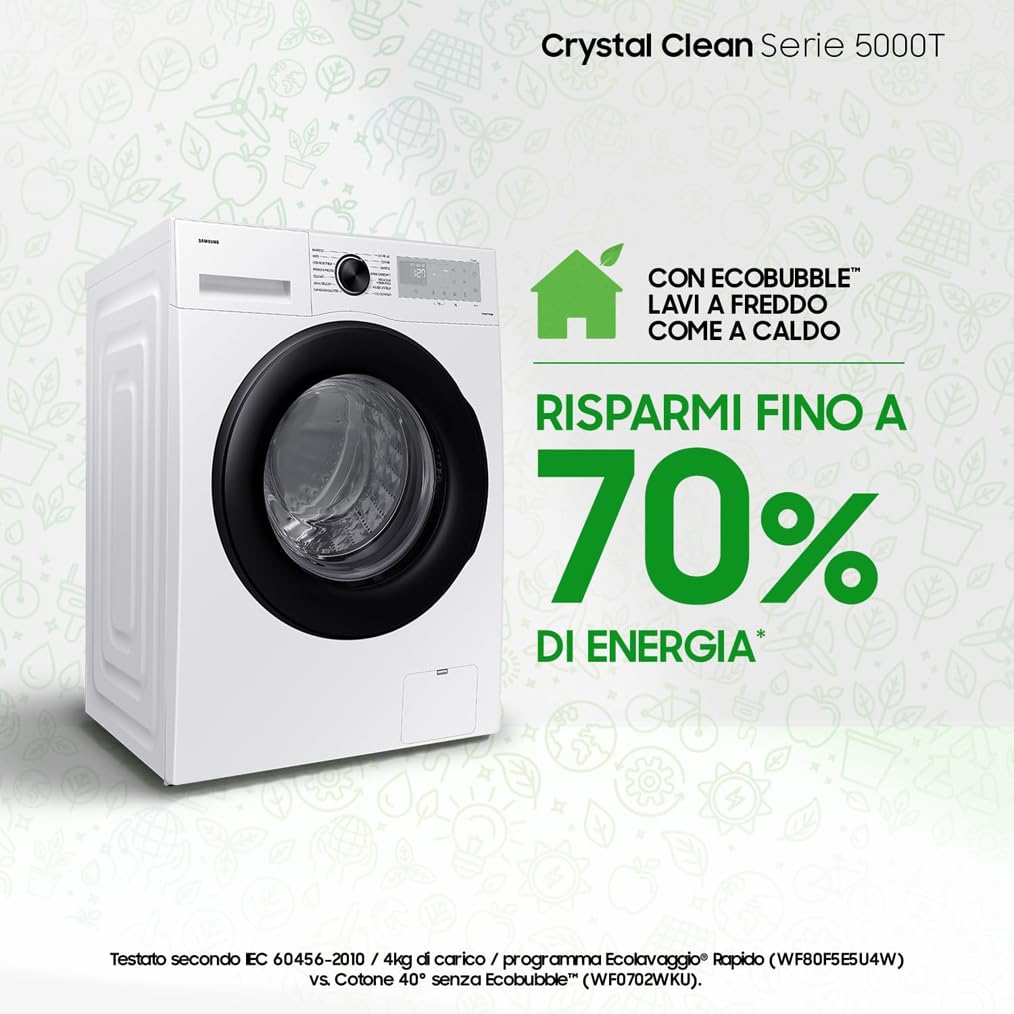 Samsung Lavatrice Crystal Clean WW80CGC04DAHET, Libera installazione, 8 Kg, 1400 RPM, Wifi, Ecobubble, Vapore Igienizzante, Carica Frontale, 60l x 85h x 60p cm