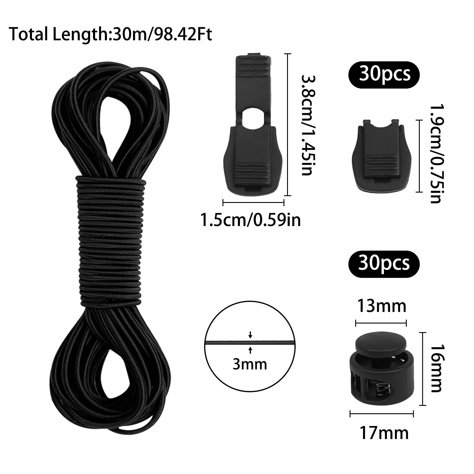 Cordon élastique Noir 15m + Bloqueurs - Caoutchouc Tressé Résistant - Pour Sac, Bricolage, Camping - 5