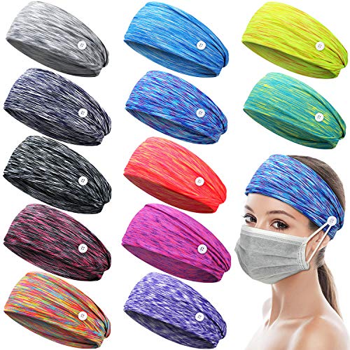 12 Pieces Elastic Headband with Button, Button Headband Wide Non Slip Hair Bands Yoga Sports Head Wrap Multicolor Ear Protection Holder for Men Women Hair Accessories