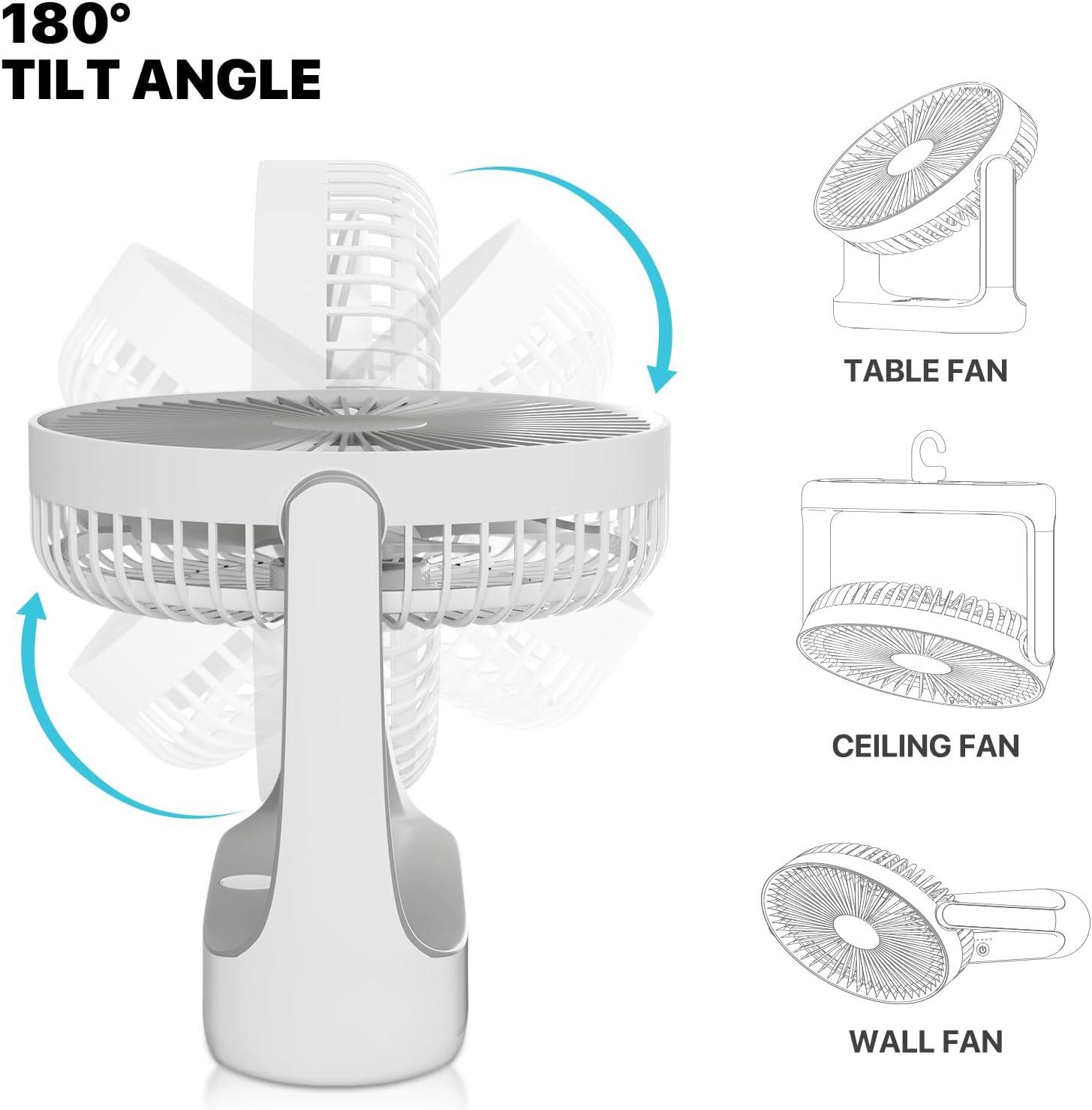 mollie 7'' Small USB Fan Rechargeable, Portable Desk Fan, 4000mah 4-Speed Quie Desktop Fan with Nightlight, for Home Office Bedroom Travel Outdoor Gifts for Women Men, White