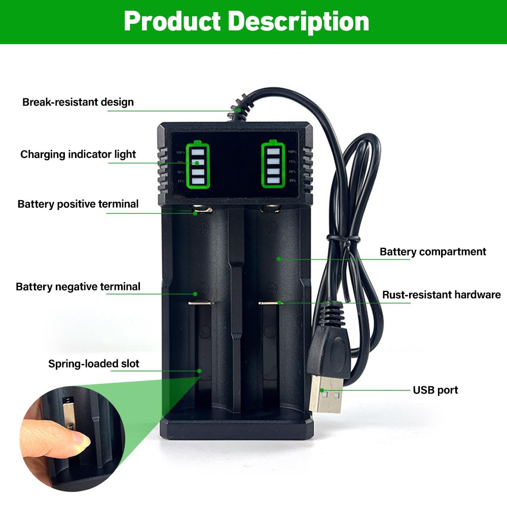 2PCS Piles Rechargeables 3.7V, 2200 MAh | Button-Top Batterie NiMH 2 Slots Chargeur, Batteries Rechargeables pour Lampe Frontale LED,Télécommande,Voiture Télécommandée