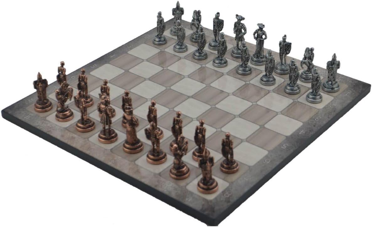 Metal Chess Set for Adults Spanish Royal Guards Antique Copper Figures,Handmade Pieces and Different Design Wooden Chess Board (Platin Oak)