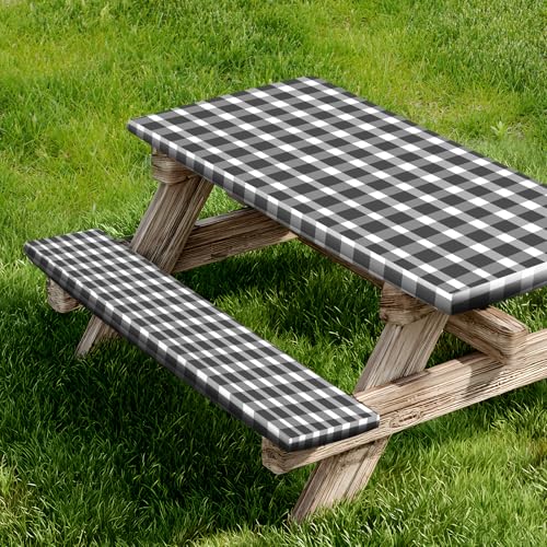 CAMPER MATTERS Picnic Table Cover and Bench Covers, Fitted Tablecloth Cover with Elastic Edge, Water and Oil Proof, for Outdoor, Garden, Camping, 72x28 Inch, 3 Pieces Set, Black & White