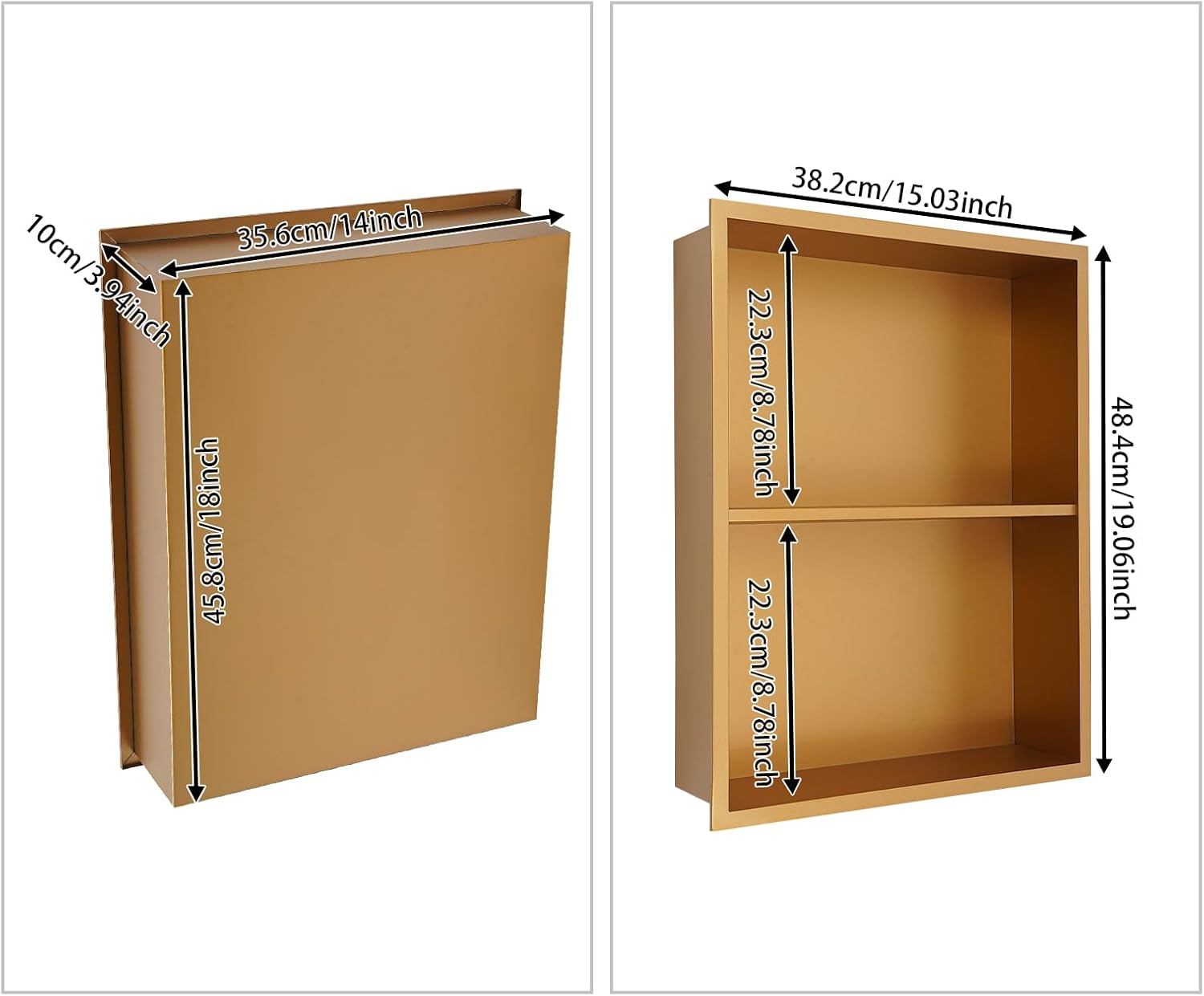 Recessed Shower Niche, Stainless Steel Wall Niche with Double Shelves for Bathroom Storage 15" x 19" (Inside 14" x 18") Easy Installation (Gold)