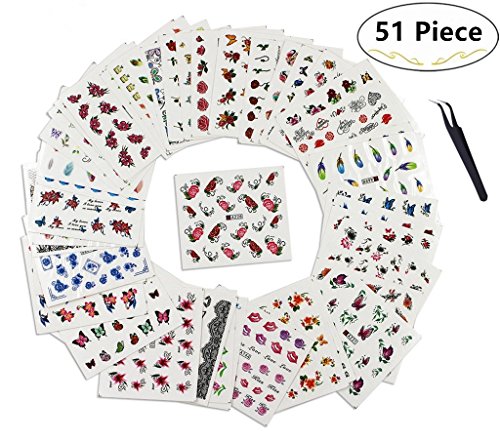 50 Sheet Random Patterns Nail Art Decorative Stickers and 1 Nail Tweezer for Bonus, Carnatory Self-adhesive Nail Stencil Sticker Sheet, Tip Nail Art Stickers Decals for Nail Art Design