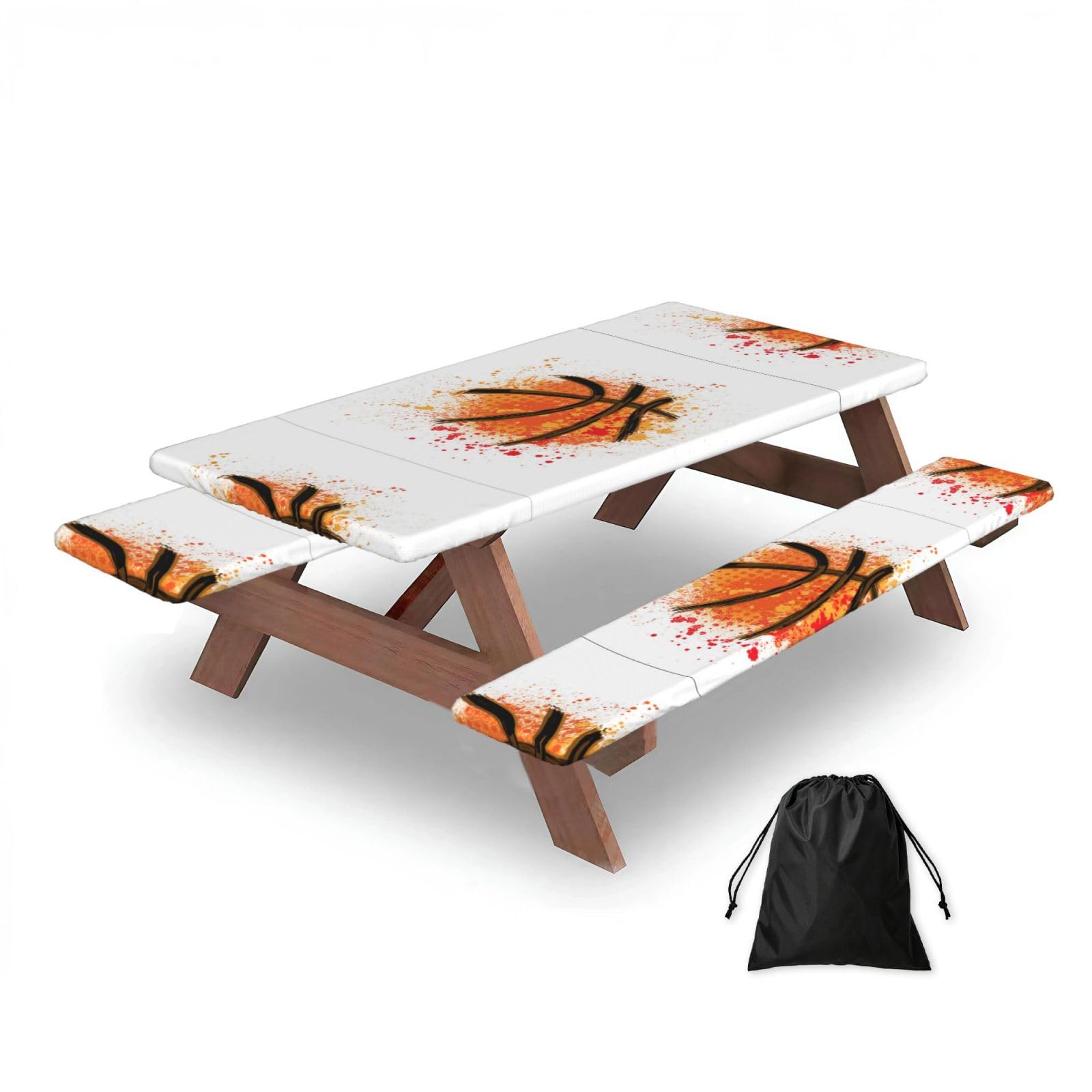 Basketball Orange Abstract Painting Background, Picnic Table Cover With Bench Covers -Waterproof Elastic Fitted Tablecloth for Garden Camping Patio 76x152cm