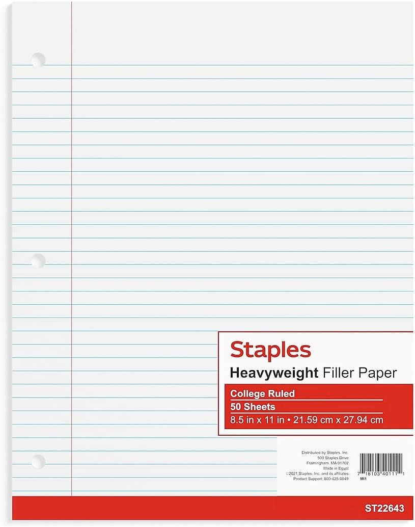 Staples 439497 Heavyweight College Ruled Filler Paper 8.5