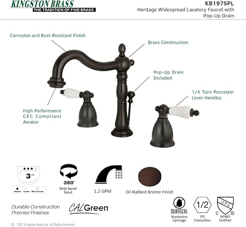 Miniatura 5 de Kingston Brass KB1975PL Heritage Grifo de lavabo generalizado con manija de palanca de porcelana, bronce aceitado