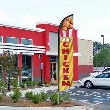 Fried Chicken (golden/Red) 12'FT Tall Swooper Feather Flag with 15ft Pole Kit & Ground Stake - Outdoor Advertising Banner Sign for Fastfood Restaurants