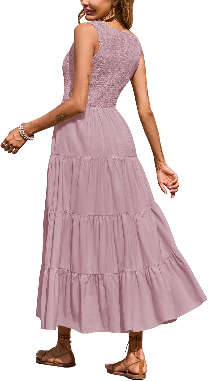 CzzzyL Women's Nursing Dresses Smocked Crew Neck Summer Sleeveless Tiered Maxi Dress with Pockets