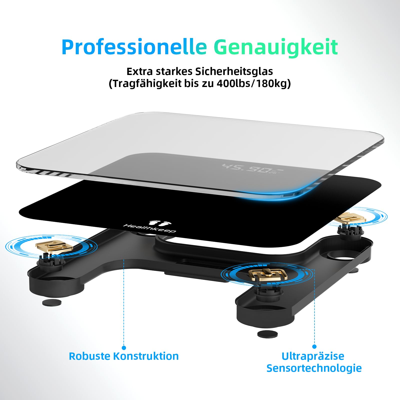 Healthkeep Personenwaage, Körperwaage mit Hochpräzisions-Sensoren, Personen Digitalwaage mit Step-On-Technik, Gewichtswaage aus Sicherheitsglas, Schwarz (260 schwarz 202403)