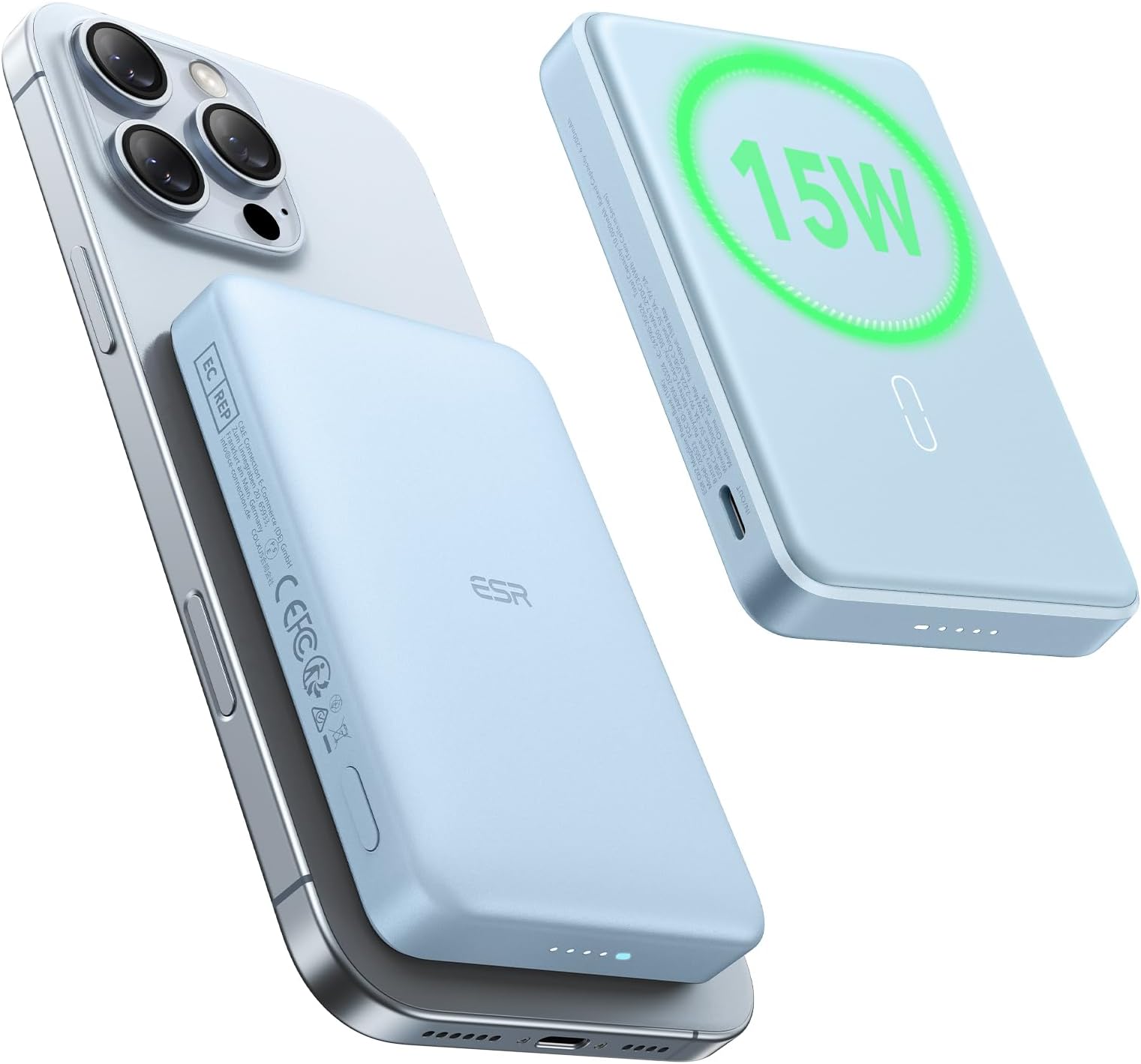 ESR for MagSafe Power Bank, Ultra-Compact 10,000mAh MagSafe Portable Charger, Qi2 Certified 15W Ultra-Fast Battery Pack, 27W USB-C MagSlim Charger with Cable for iPhone 16/15/14/13/12, Sky Blue