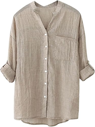 Women's Roll-Up Cuffed HalfLong Sleeve Linen Shirts Blouse Solid Summer Cotton Tops Button Down V-Neck Blouse T Shirt