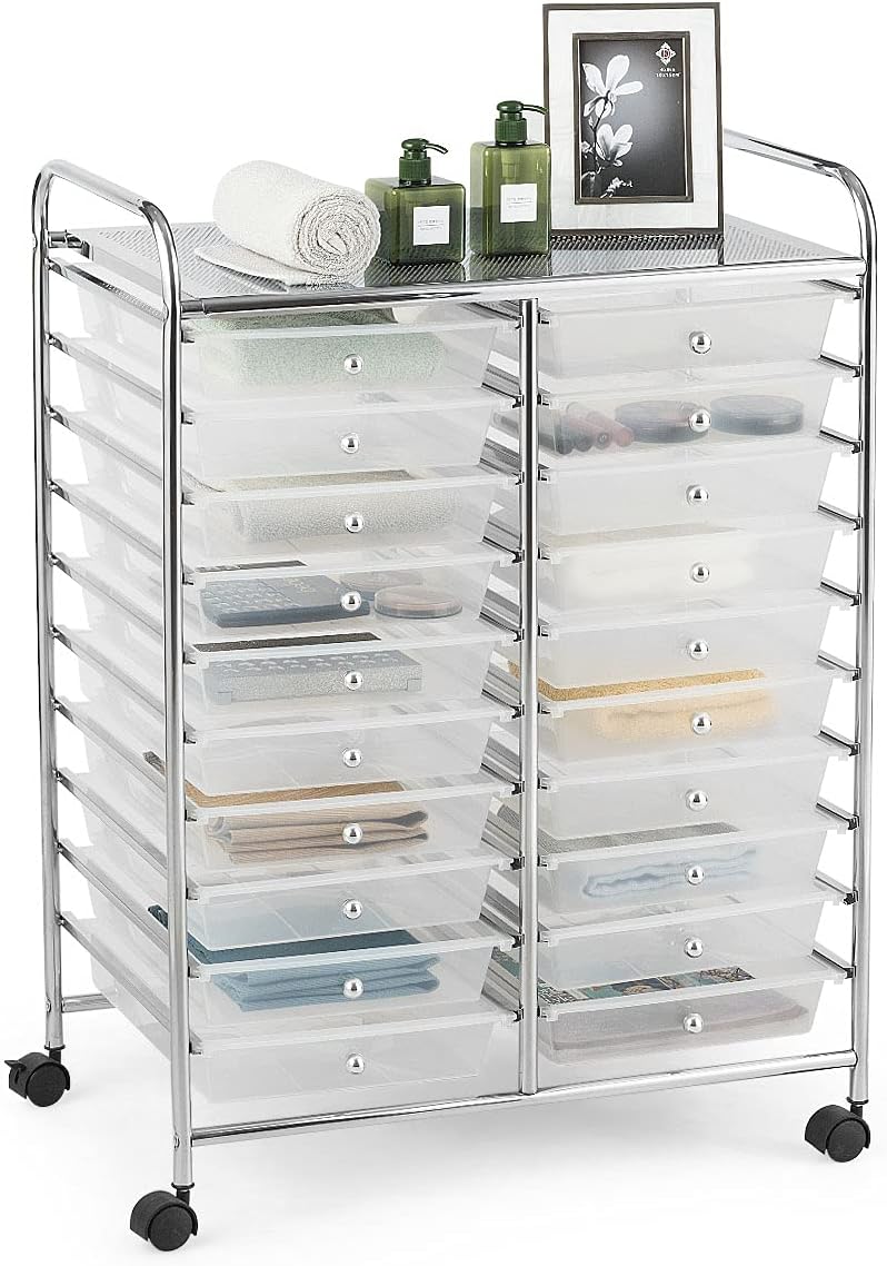 Clear 20-Drawer Rolling Organizer Cart with Chrome Frame