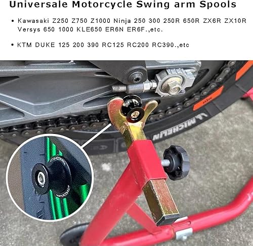 Vista 2 de Universale M10 x 1.25 Motocicleta Swing Arm Slider Carretes Soporte para Ninja 250 400 650R Z750 Z1000SX CFMOTO 450NK 450SS 450SR 450MT 800MT Duke