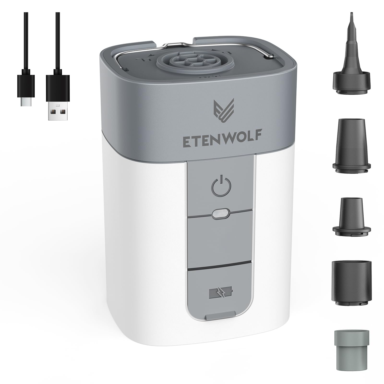 ETENWOLF AIR 5 Air Pump for Inflatables, Portable Electric Air Pump with 5200 mAh Battery, 4X Quick Inflator & Deflator, 4.5 kPa & 720 L/min Pump for Pool Floats, Vacuum Storage Bags, White