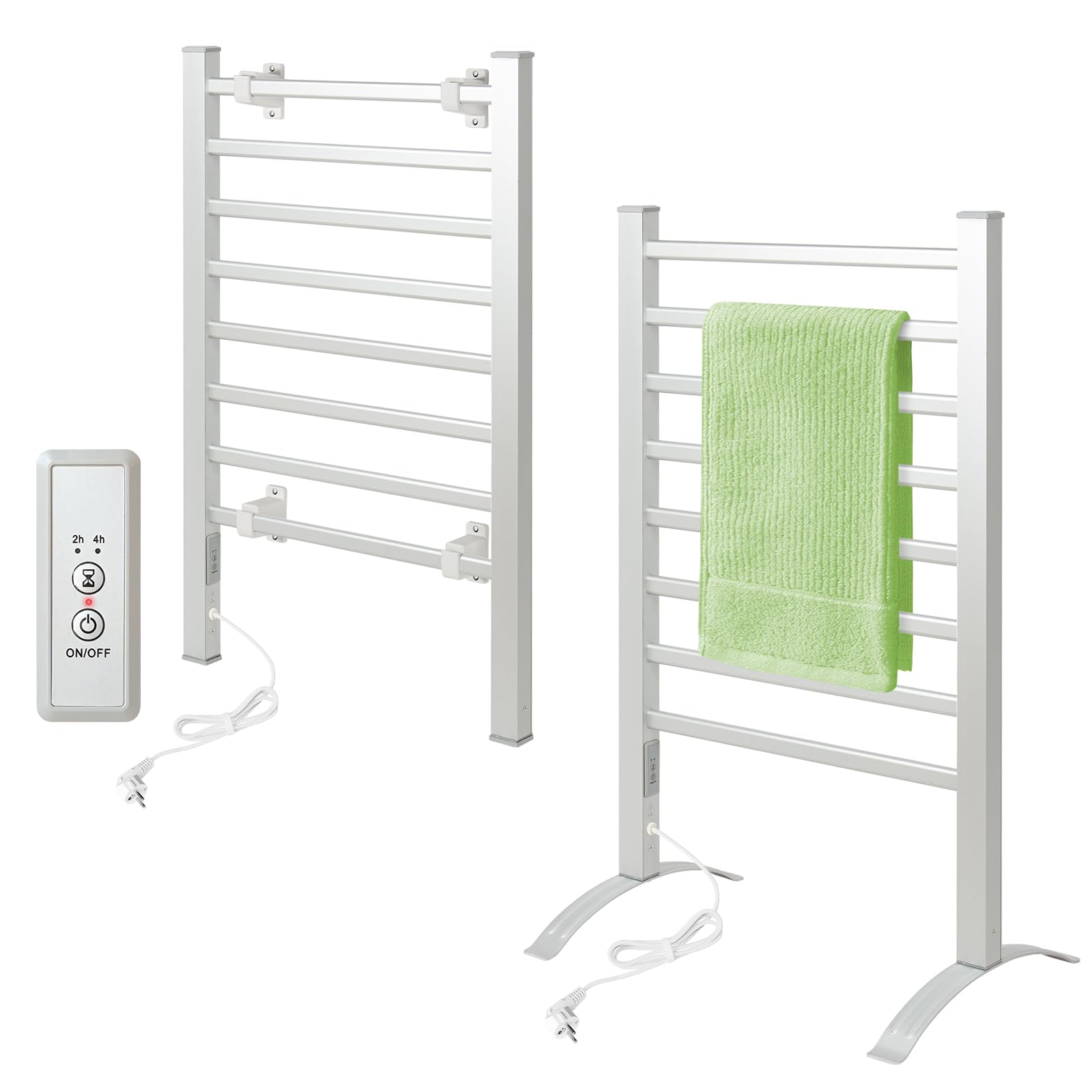 Todeco Scaldasalviette Termoarredo Bagno con Timer, 2in1 da Terra e Parete Asciuga Asciugamani Elettrico, Asciugabiancheria Portasciugamani, Compatto e Versatile, 8 Barres