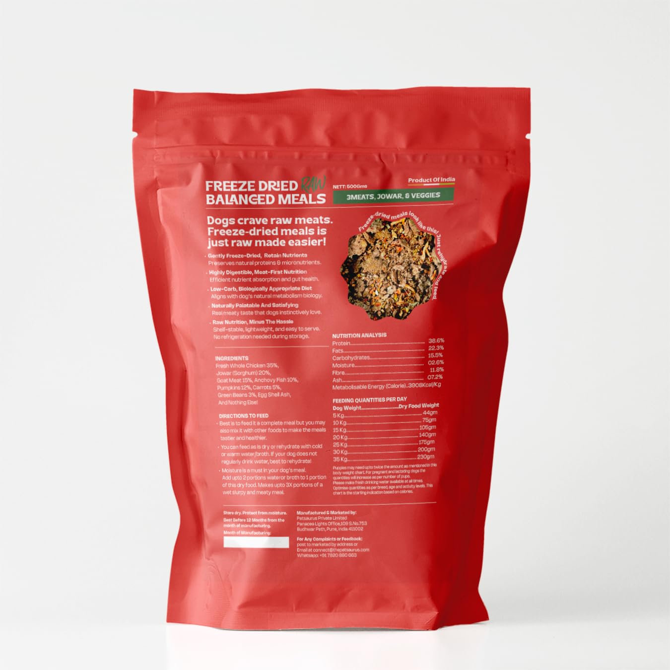 Rawr4Dogs | Freeze-Dried Balanced Meals | 3Meats, Veggies, & Jowar | Bio-Appropriate and Raw Nutrition | High Protein - Low Carb Recipe | 500 GMS | Makes 3X (1.5 Kg) Meals by Adding Water