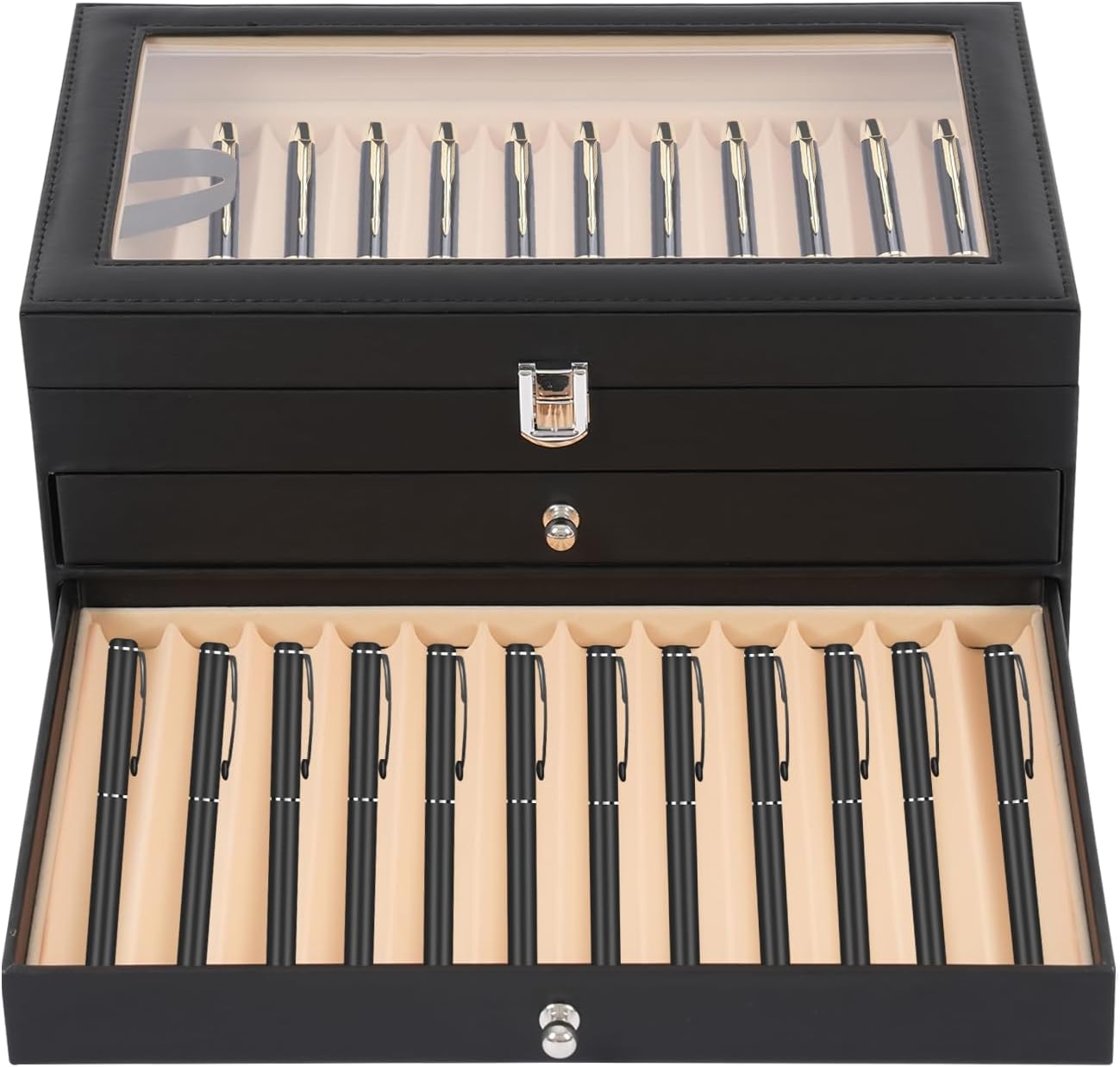 36 Pieces PU Leather Pen Box, 3 Levels with Drawers Fountain Pen Display Case Storage Organizer Box with Glass Window Gift for Friend (Black)