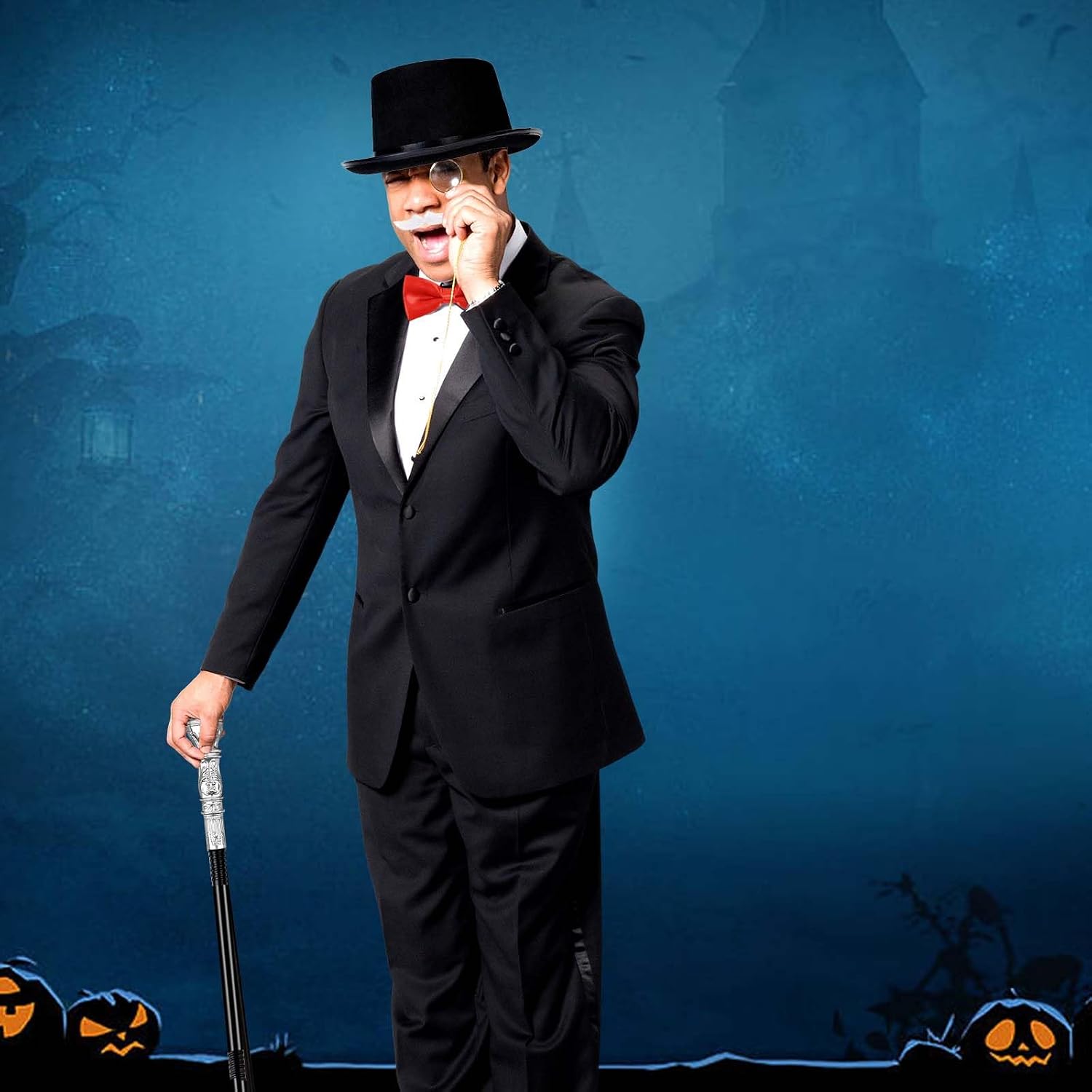 Kavoc 7Pack Gentleman Cosplay Costume Outfit Including Black Rich Man Top Hat Red Bow Tie White Moustache Canvas Money Bag for Halloween Dress Up Supplies