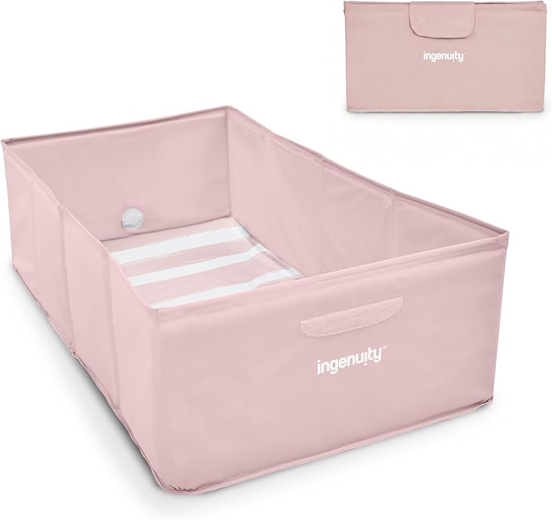 Ingenuity Tuckaway Bañera plegable para niños pequeños, convierte la ducha en bañera, se pliega para almacenar, fácil de limpiar, no requiere ensamblaje, bañera portátil para bebés para viajes, 12M-5Y, rosa