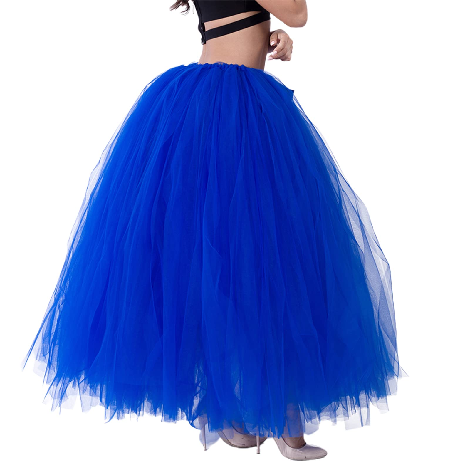 Falda larga tutú de cintura alta con capas de tul maxi faldas hinchadas hasta el suelo, boda, fiesta, con cinturón Bowknot, zafiro, Talla única