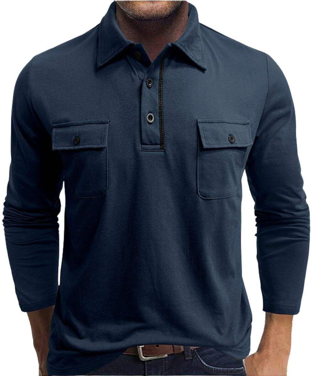 YABTF Long Sleeve Polo Shirts for Men Cotton Basic Solid Color Golf Shirt Button Collared Work Shirts with Pockets