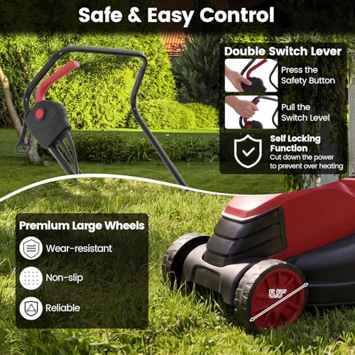 Image of DORTALA Lawn Mower, Corded 14 inch Electric Push Mower, 3-Position Cutting Height Adjustment, 9.3 Gal Grass Collection Box, 12 AMP Motor, 1500W, Lightweight Walk-Behind Mower for Small Medium Yard (Red)