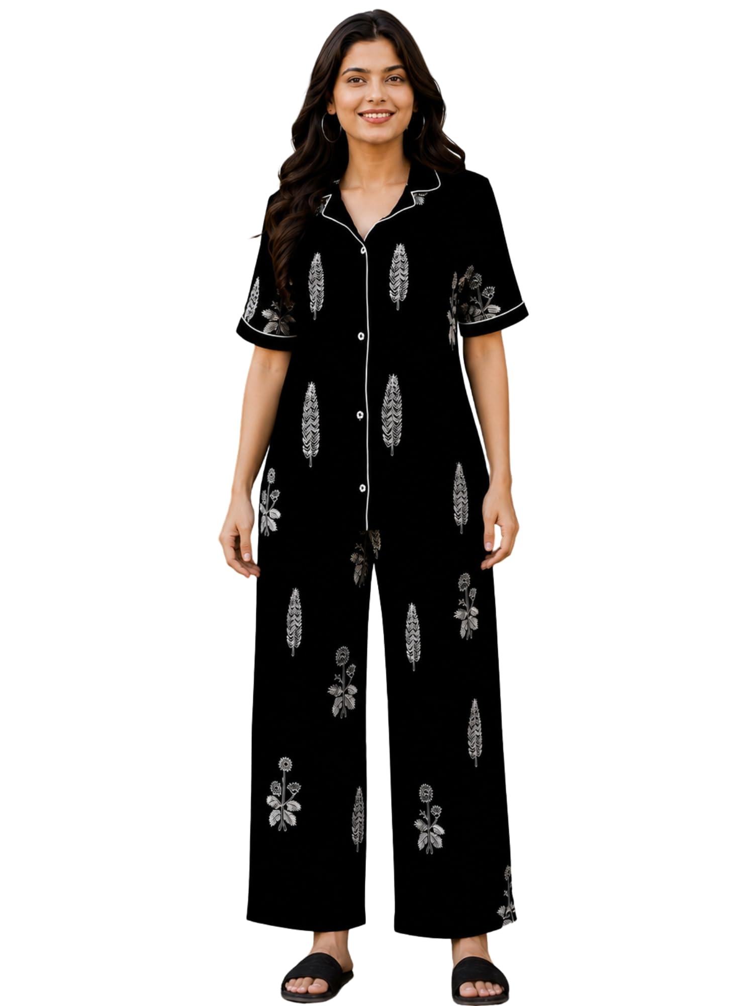 Rayon Black Printed Night Suit Shirt and Pajama Set | Soft Viscose Rayon Sleepwear | Button Down Shirt Collar | 3/4th Sleeves | Comfortable Loungewear-image-0