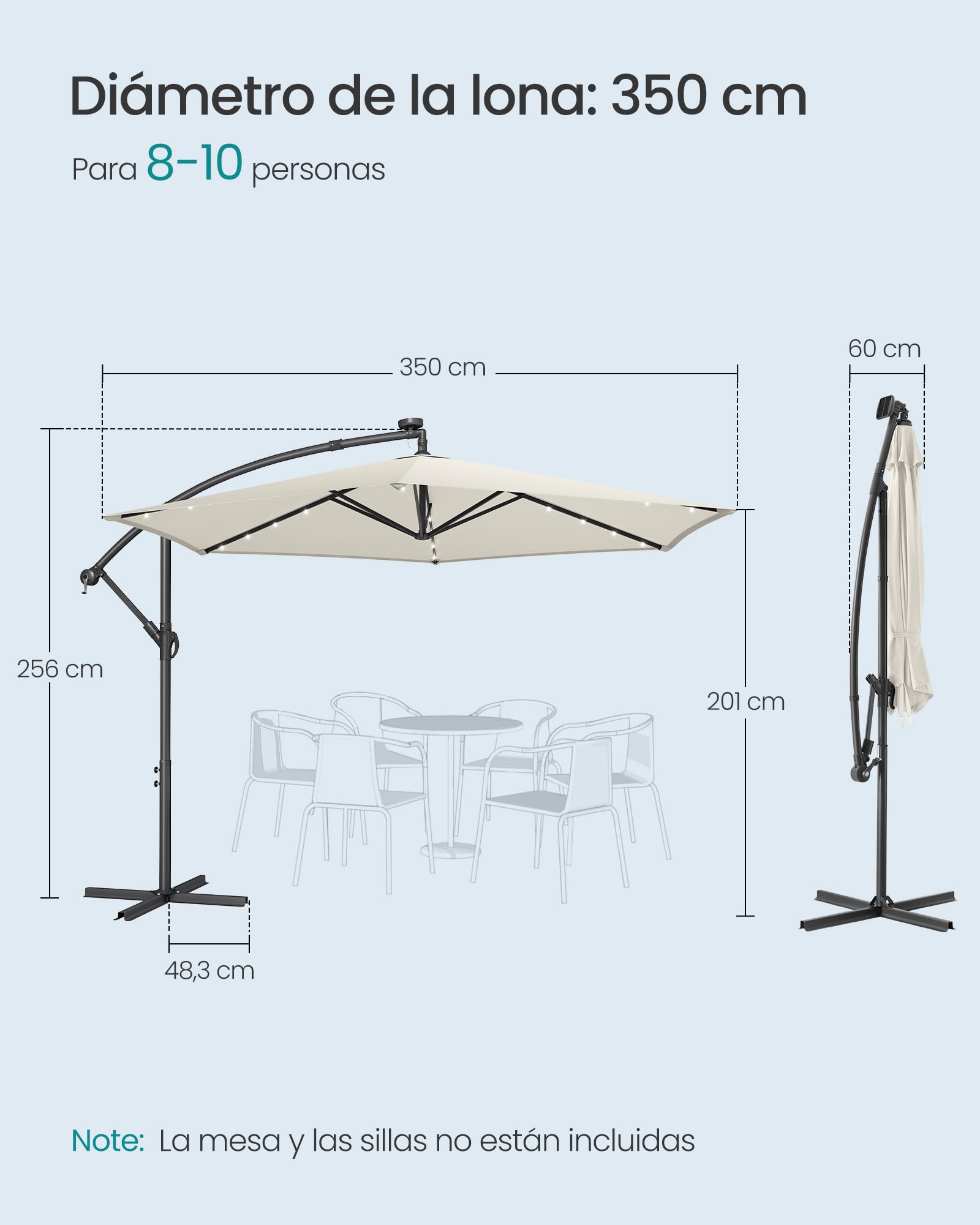 SONGMICS Sombrilla para Balcón con Iluminación LED Solar, Brazo de 350 cm de Diámetro, 32 Luces, con Base, Parasol UPF 50+, con Manivela, para Terraza, Jardín, Beige GPU119LZ01