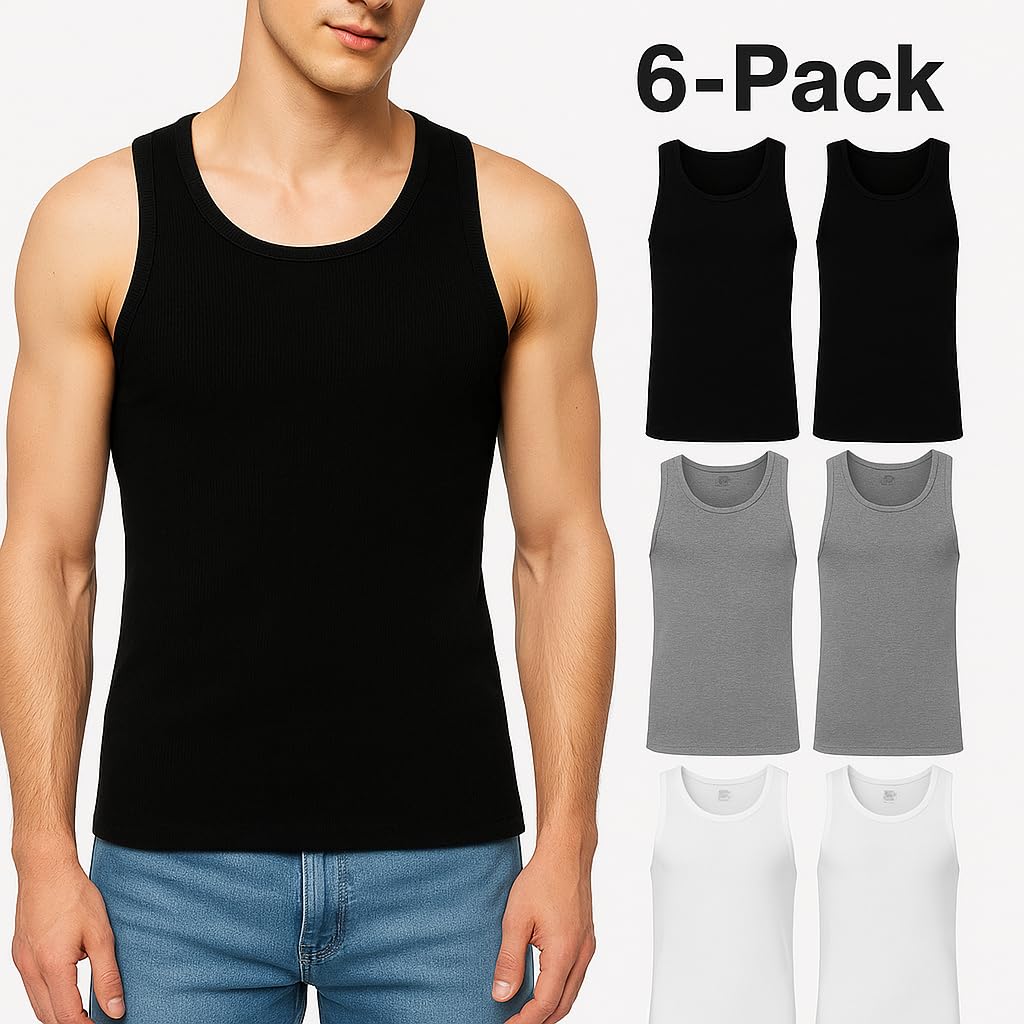 Athllete Herren-Tank-Tops, 6er-Pack, 100 % Baumwolle, ärmellos, Multipack, atmungsaktiv, schwarz, weiß, grau, Muskel-Shirts
