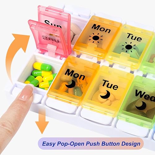 Miniatura 3 de HRX Package Pastilleros para medicamentos de 7 días AMPM, organizador de medicamentos fácil de llenar y abrir para recordatorios de vitaminas día y