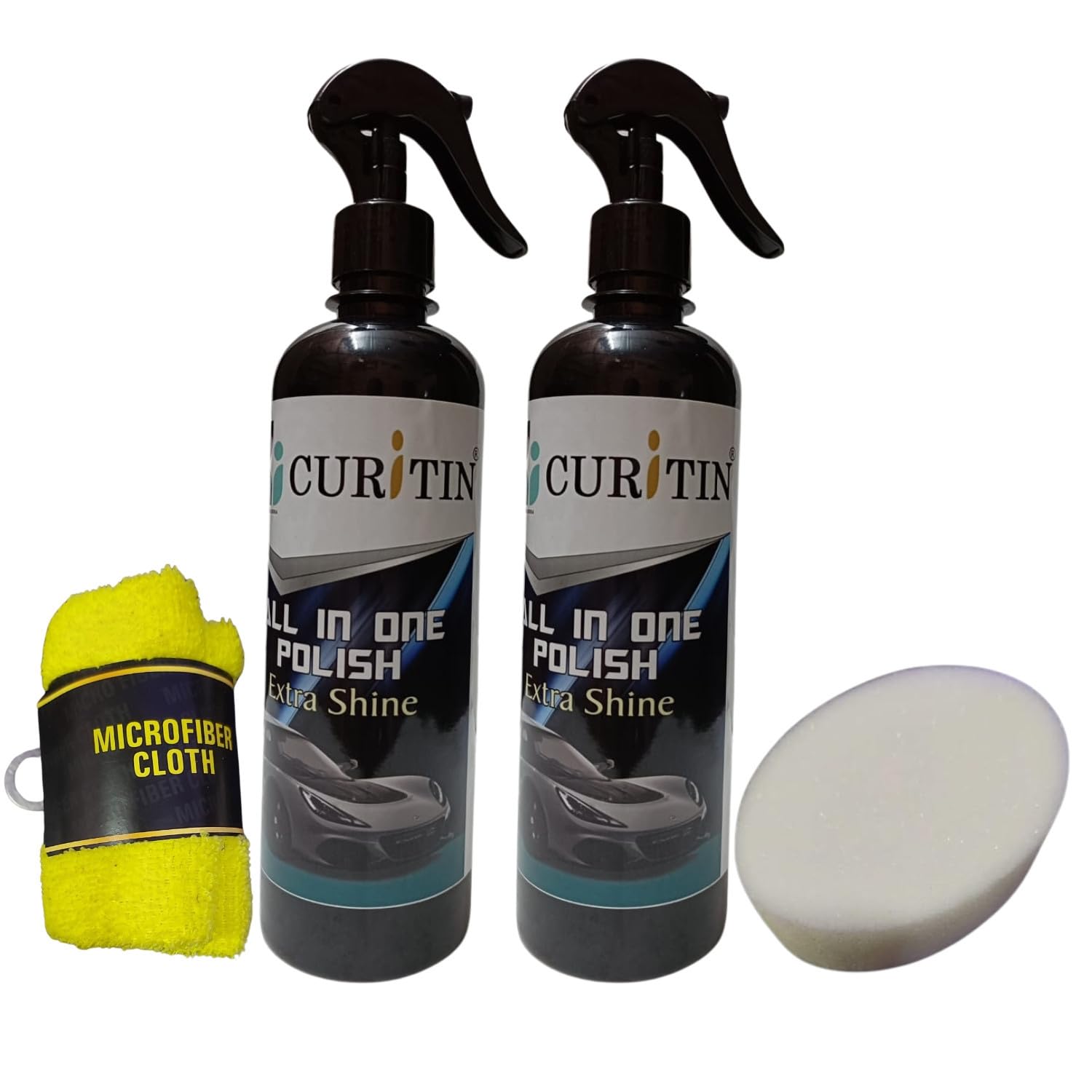 CURITIN Premium All in One Polish 500ml 2 Pcs With 1 Microfiber Cloth, 1 Sponge Extra Shine for Cars & Motorbikes | Instant Care Formula for Ultimate Vehicle Detailing