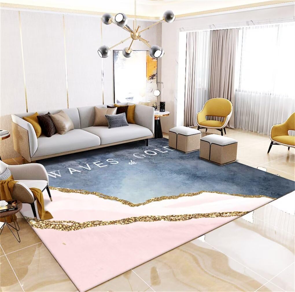 Tapis de salon bleu 200x300cm lavable grand tapis de chambre motif rose
