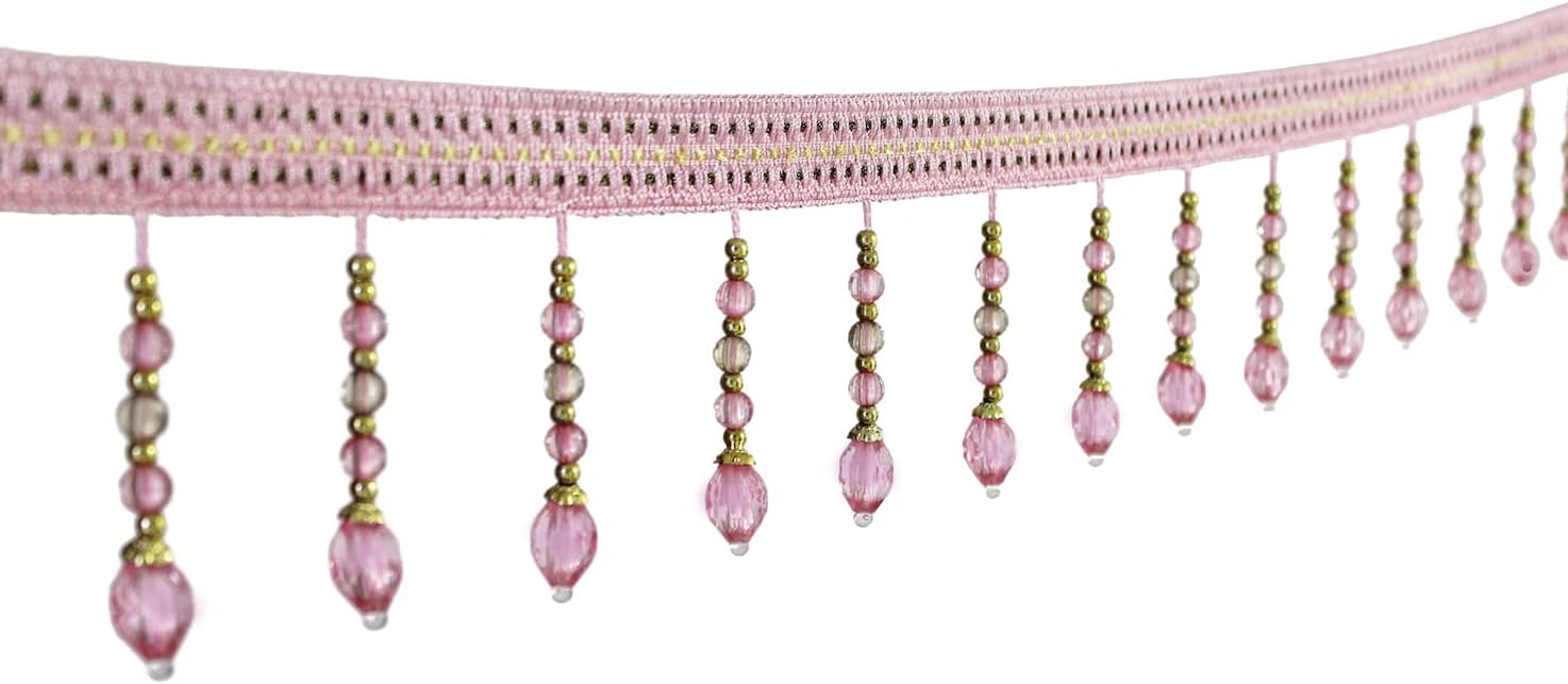 Yalulu 4 Yards Braided Hanging Beads Tassel Trim Fringe Fabric Ribbon Trimming Handwork DIY Craft Sewing Accessory Lace for Home Curtain Table Decoration (Pink)