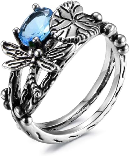 Finemall Anillo de compromiso de plata 925 con topacio azul y libélula de moda para mujer, regalo de compromiso, anillo de boda para mujer, talla