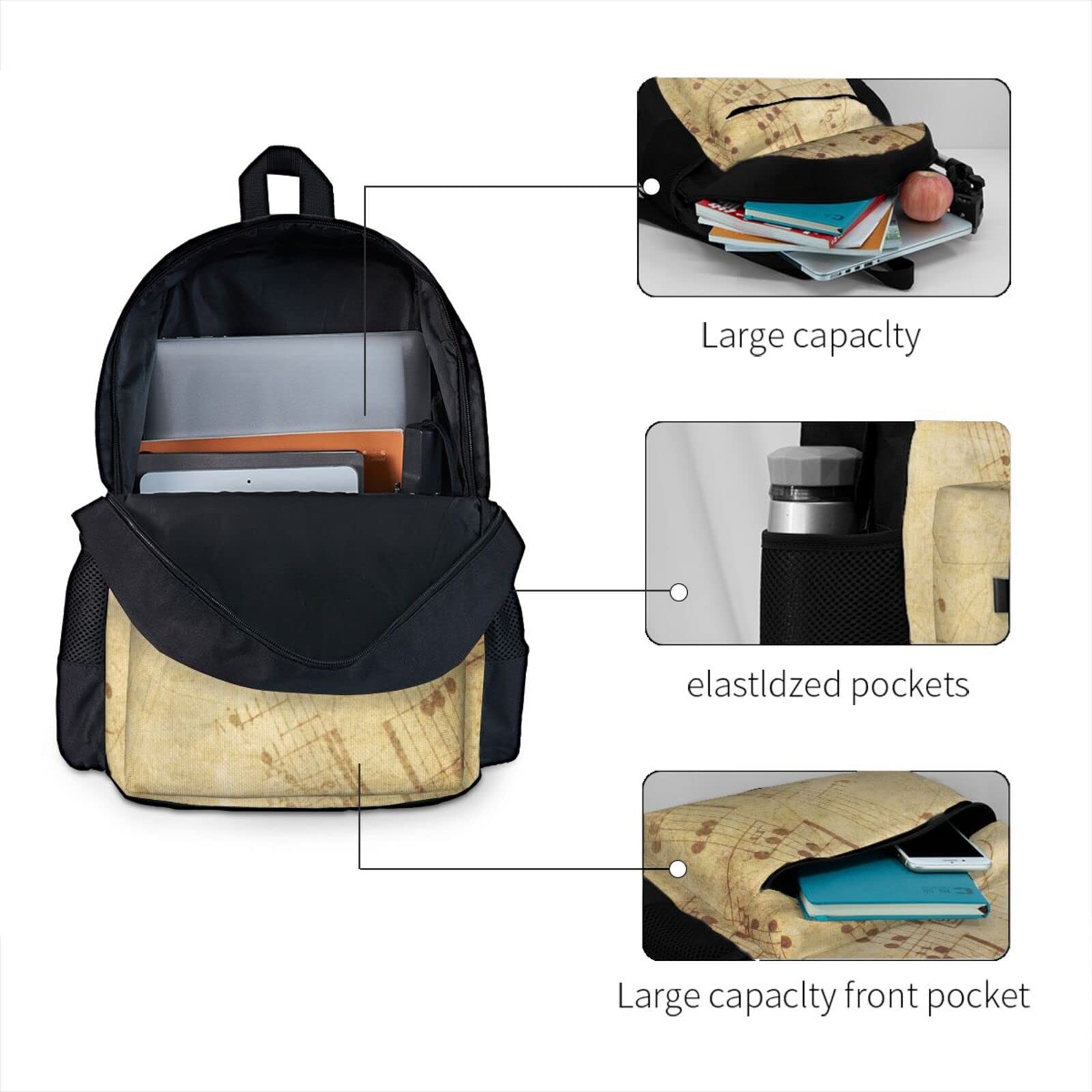 Notenblätter für Damen und Herren, Laptop-Rucksack, Reiserucksack, Sporttasche, Schultaschen für Kinder, Mädchen, Jungen, Schwarz, Schwarz , One size