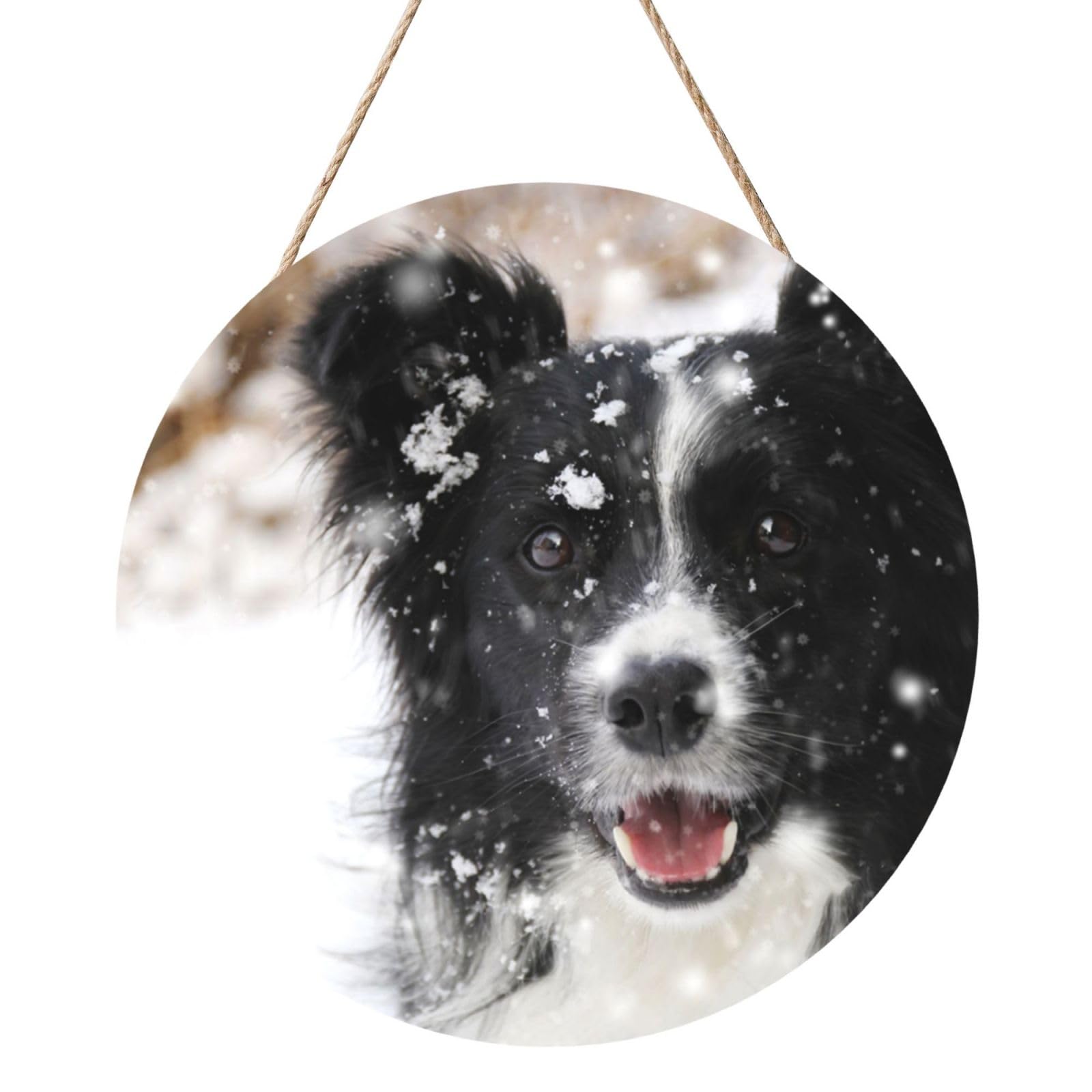 InOmak Border Collie Snow Dog, Round Wood Panel Painting 12 in, Wall Hanging Painting For Home