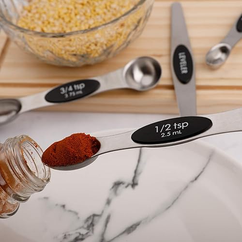 Miniatura 4 de Juego de 9 cucharas medidoras magnéticas de acero inoxidable, cucharadita apilable de doble cara para medir ingredientes secos y líquidos