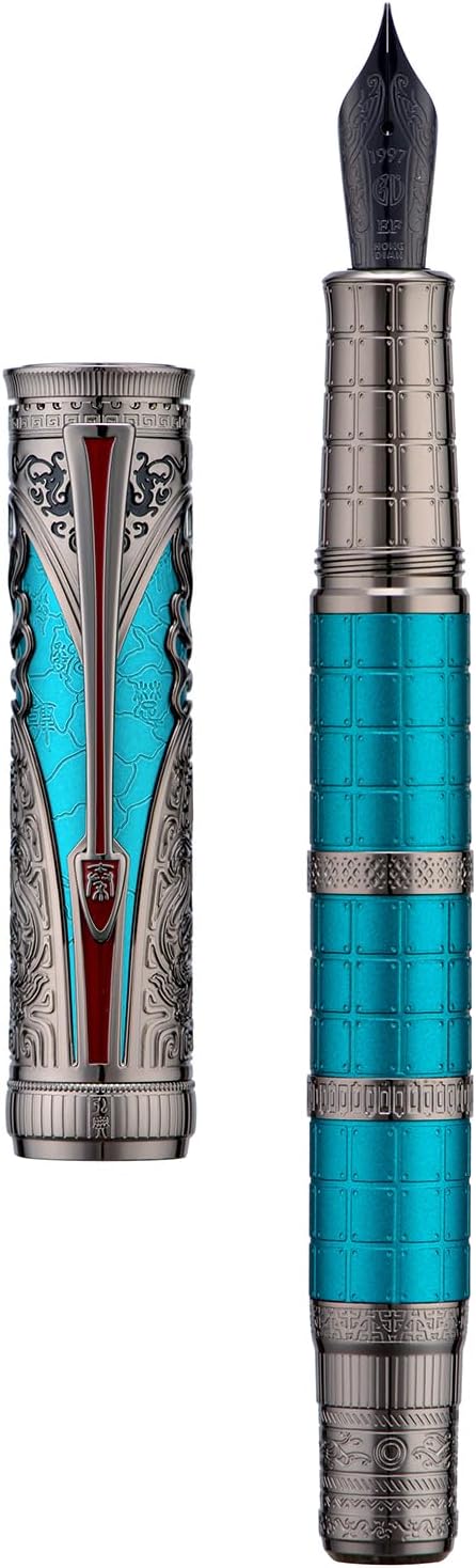 Hongdian D5X Fountain Pen Turquoise Extra Fine Nib, Qin Dynasty Retro Chinese Totem Engraving Smooth Writing Pen with Converter and Pen Box Set