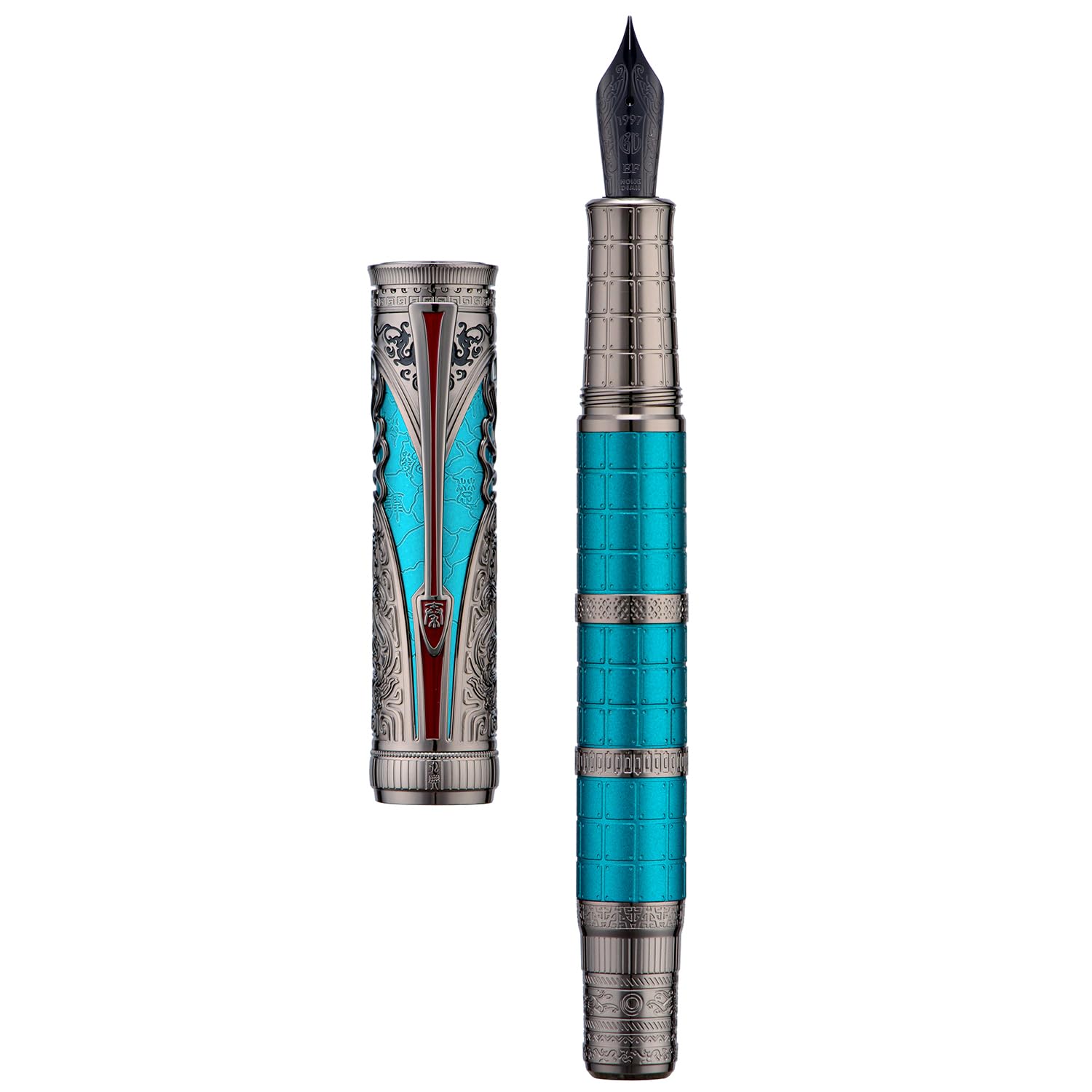 Hongdian D5X Fountain Pen Turquoise Extra Fine Nib, Qin Dynasty Retro Chinese Totem Engraving Smooth Writing Pen with Converter and Pen Box Set