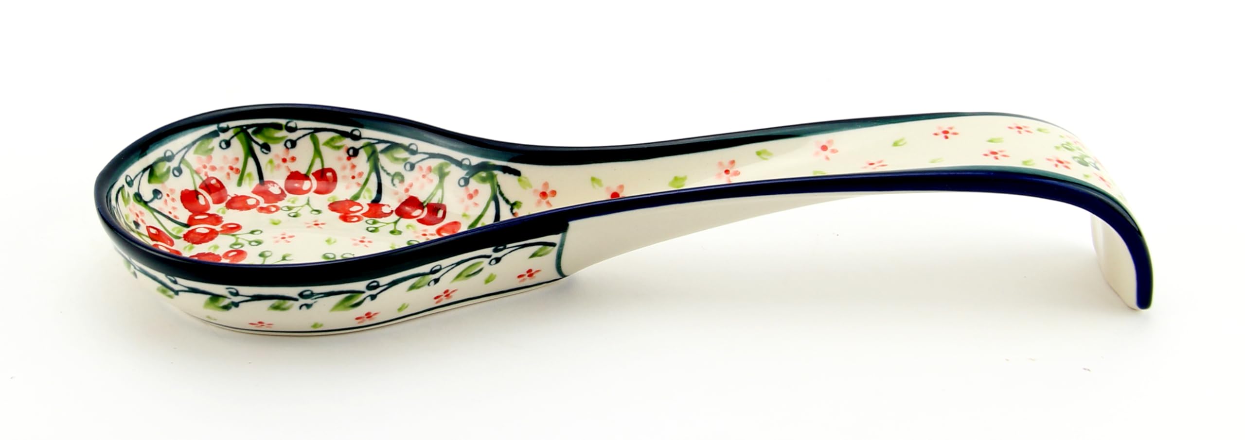 Polish Pottery Market 12” Long Handmade by Zaklady Boleslawiec Poland, Cute Spoon Rest for Stovetop, European kitchen décor, Ladle Holder (Cherry Blossom Bliss)