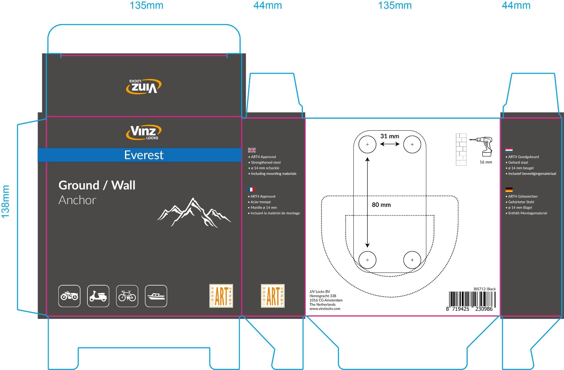 VINZ Everest Ancre Murale | Ancre de Fixation pour ancrage Mural et Sol | ART4 Approuvée | Sécurité Optimale pour Votre Moto, Scooter, Bateau ou Vélo | Installation Facile | Résistant et Durable