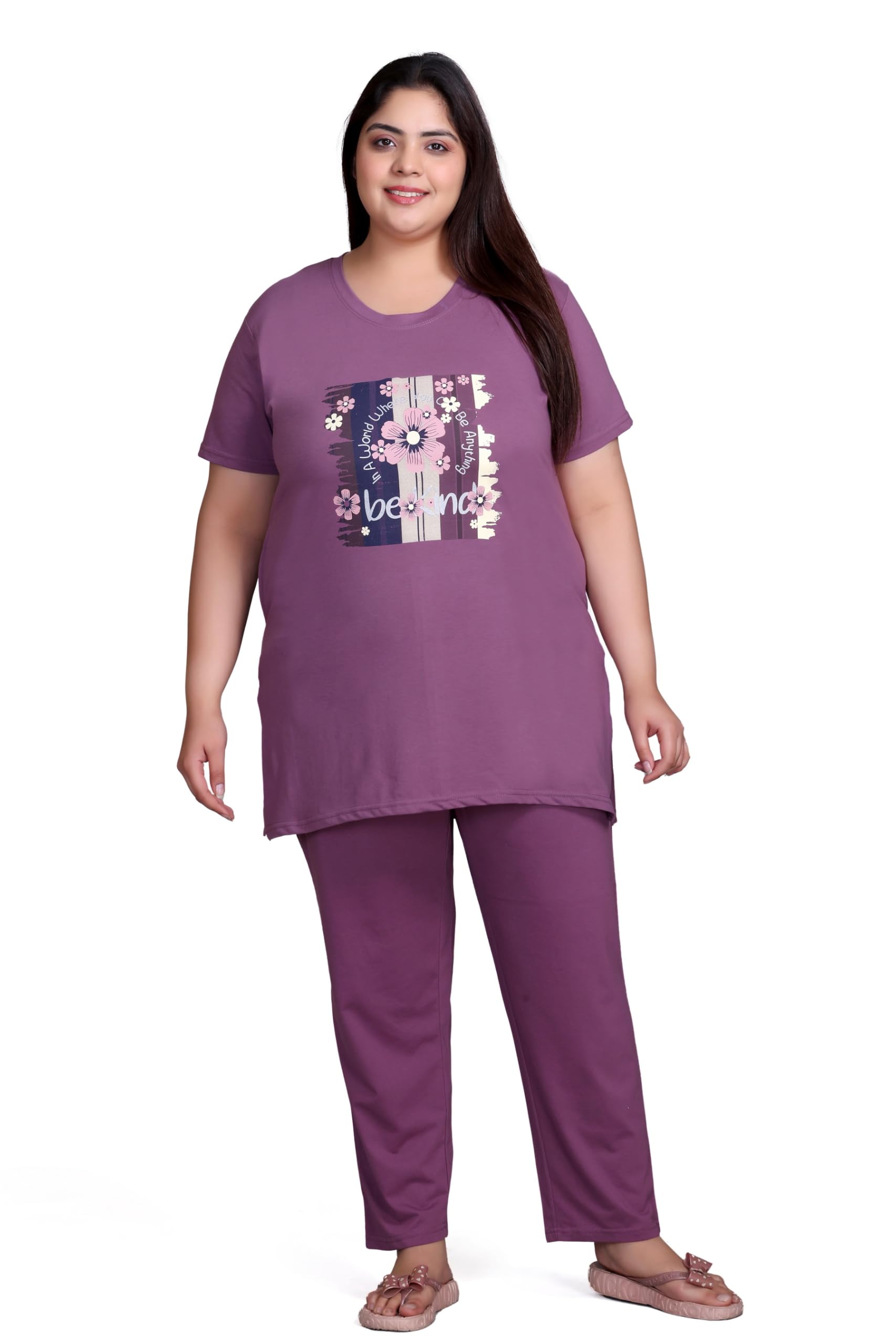 Women's Plus Size Graphic Printed Cotton Night Suit Set Short Sleeve-image-11