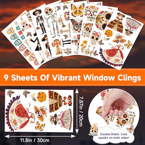 Image of Halloween Window Clings for Glass Windows, Dia de Los Muertos Decorations | 9 Sheets Day Of The Dead Window Stickers, Mexican Fiesta Holiday Party Decor Indoor with Sugar Skull, Skeleton Musical Decals
