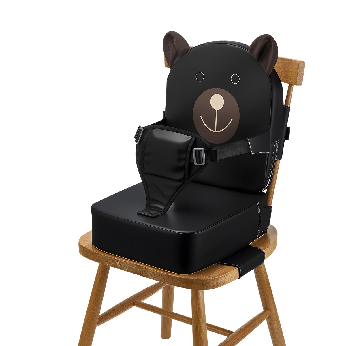 Booster Seat for Kitchen Chair, Toddler Kids Booster Seats for Dining Table with Backrest and Adjustable Strap, Portable PU Waterproof Travel Baby Boy Girl Booster Increasing Cushion (Black, OneSize)